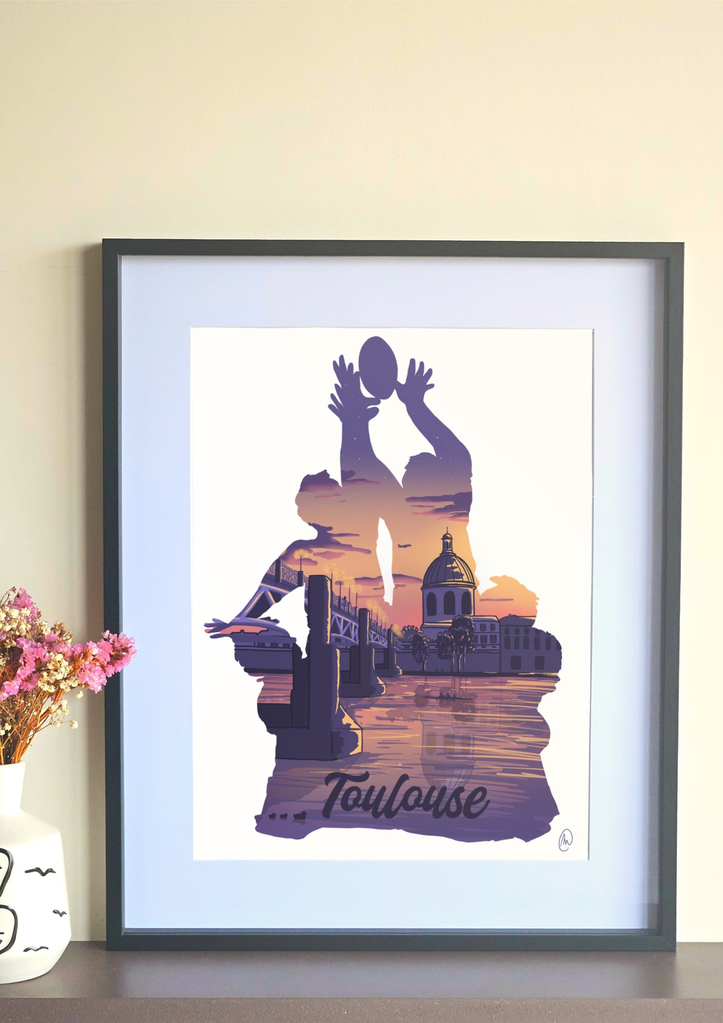 Affiche représentant l'ombre d'une touche de rugby, avec vue sur la ville de Toulouse au coucher du soleil, poster en gros plan