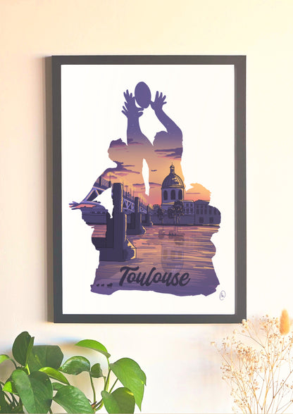 Affiche représentant l'ombre d'une touche de rugby, avec vue sur la ville de Toulouse au coucher du soleil, poster décoratif