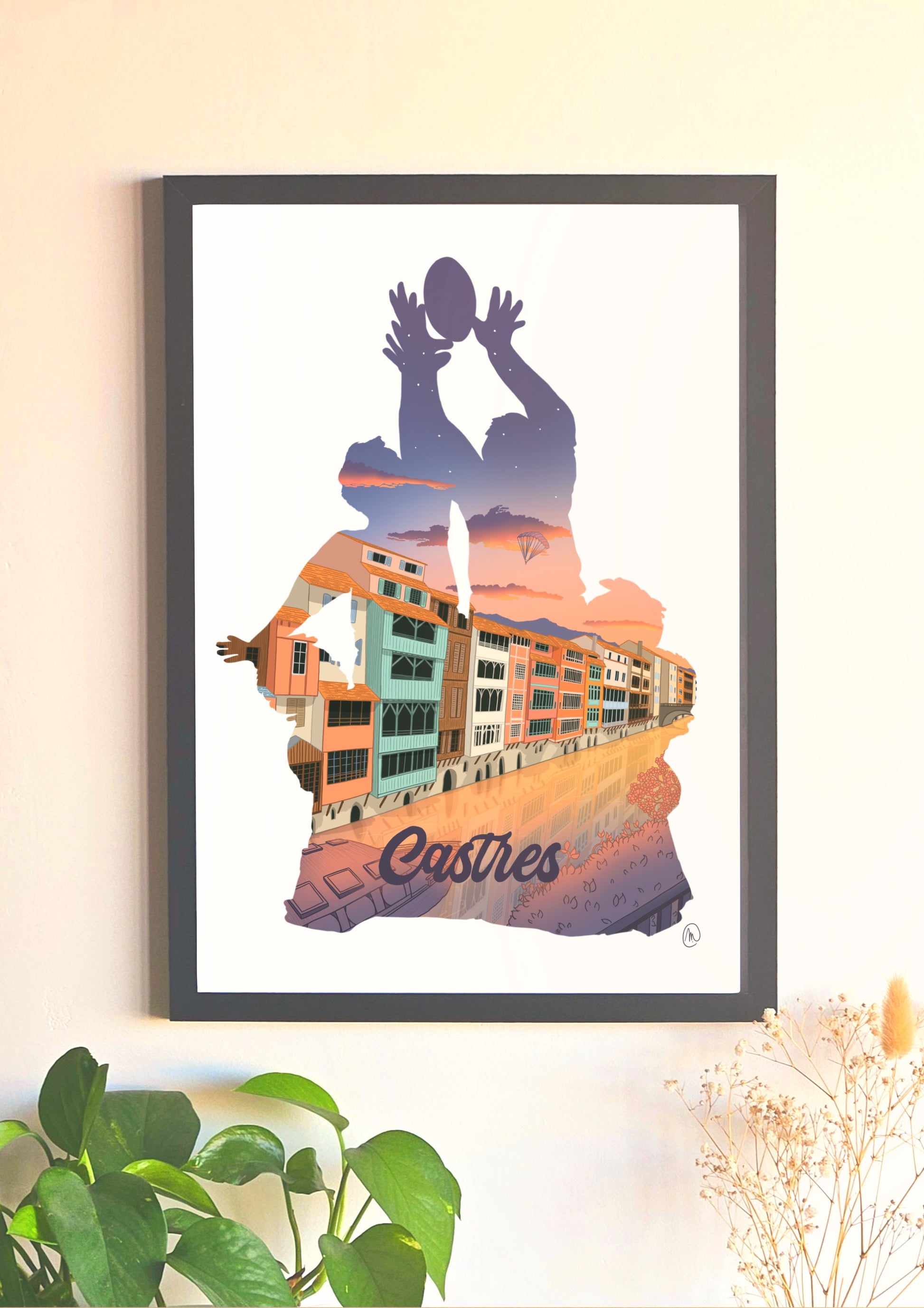 Affiche représentant l'ombre d'une touche de rugby, avec vue sur la ville de Castres et ses maisons sur l’Agout, poster décoratif