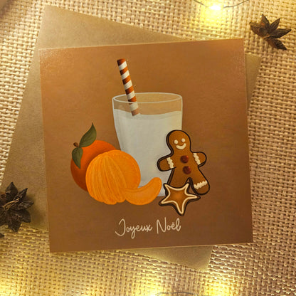 Carte représentant un goûter de Noël parfait, des clémentines, des petits biscuits et un verre de lait